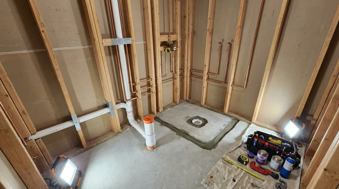 Bathroom rough-in plumbing during remodel by Johns Plumbing LLC in King City