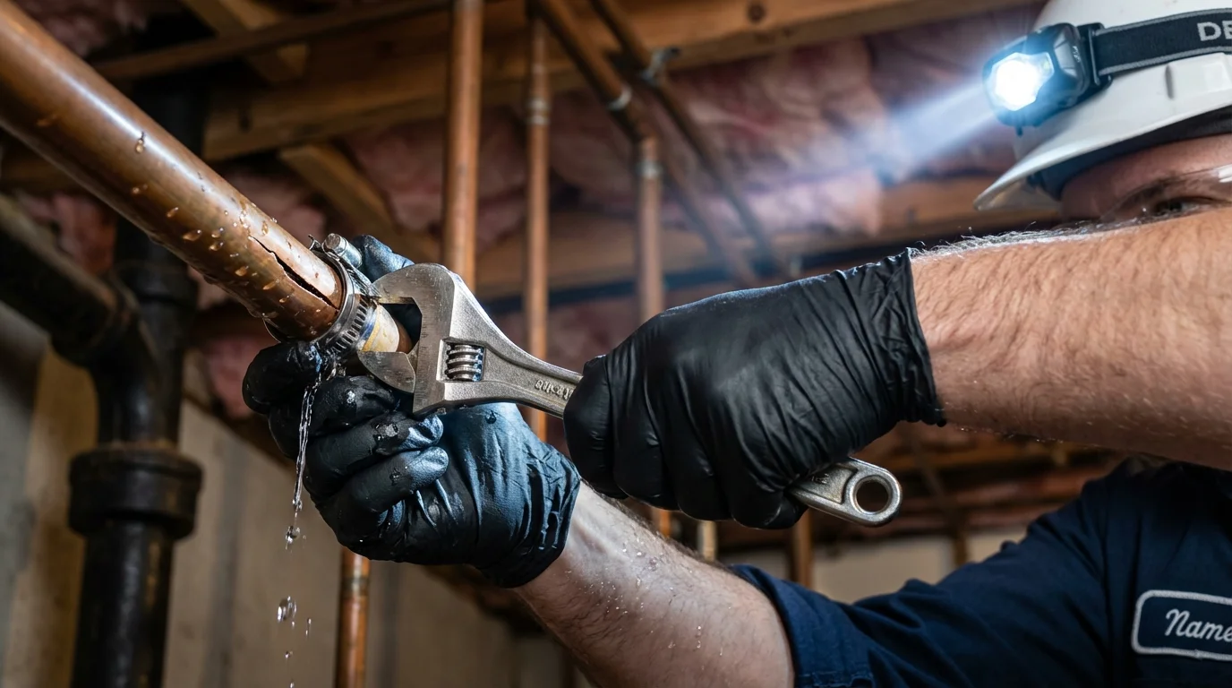 Emergency pipe clamp repair being performed by a Johns Plumbing LLC plumber in King City