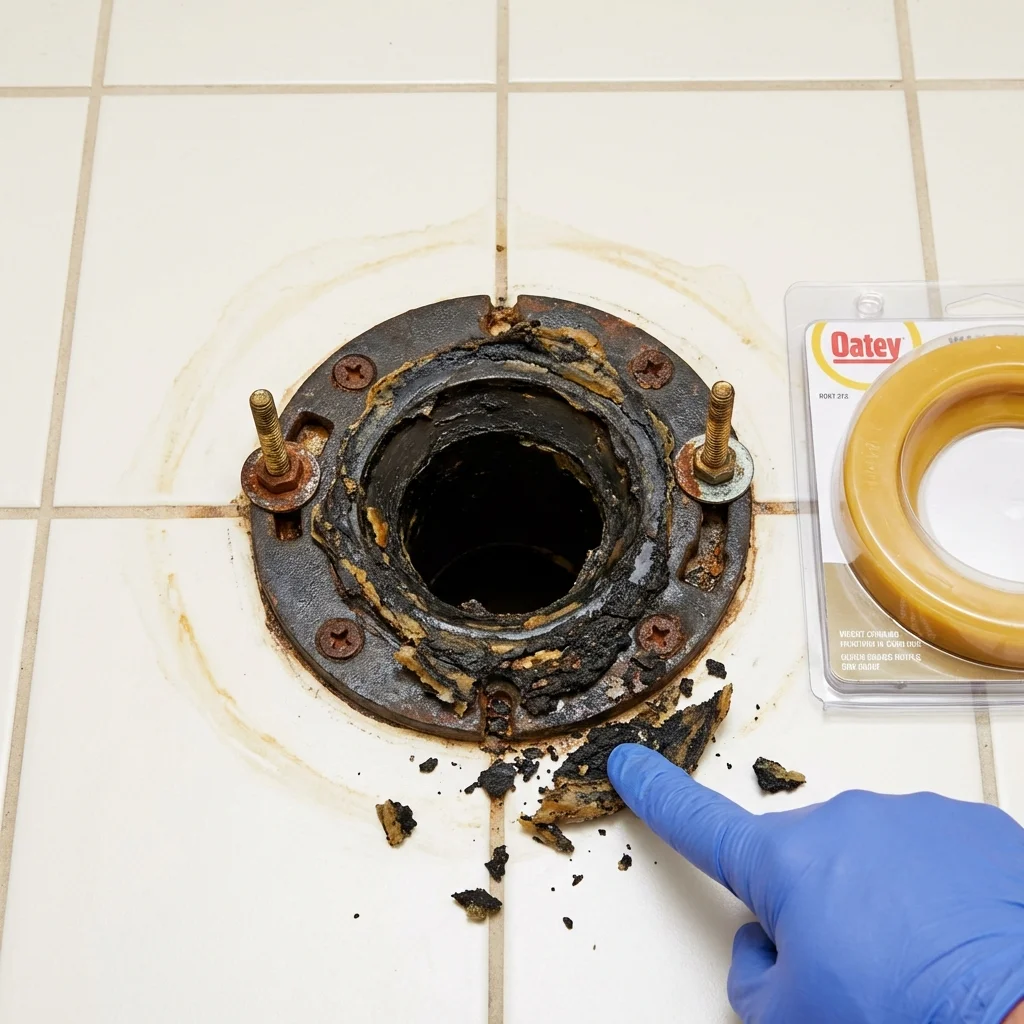 Failed wax ring showing water seepage at the base of a toilet in a King City, CA home
