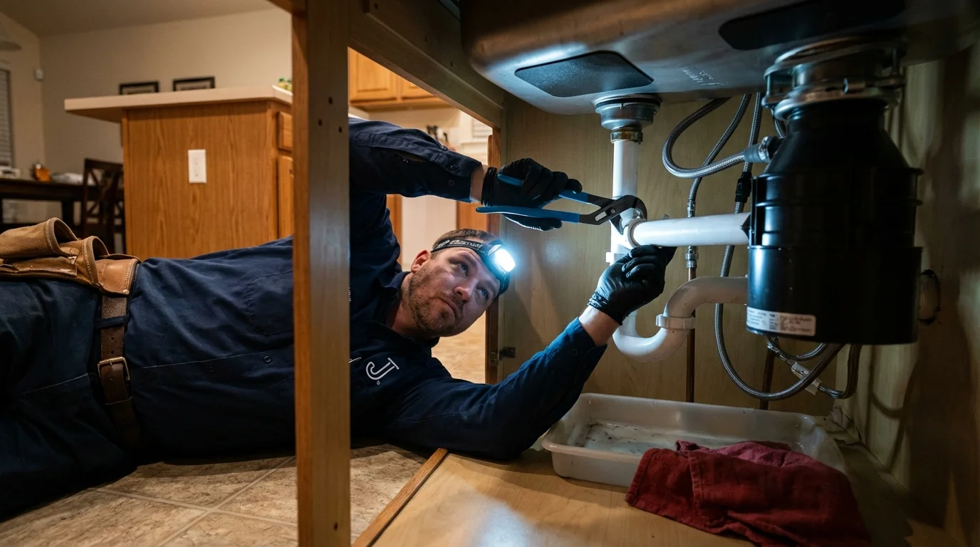 P-trap and supply line connections under a kitchen sink showing a common leak point in King City, CA